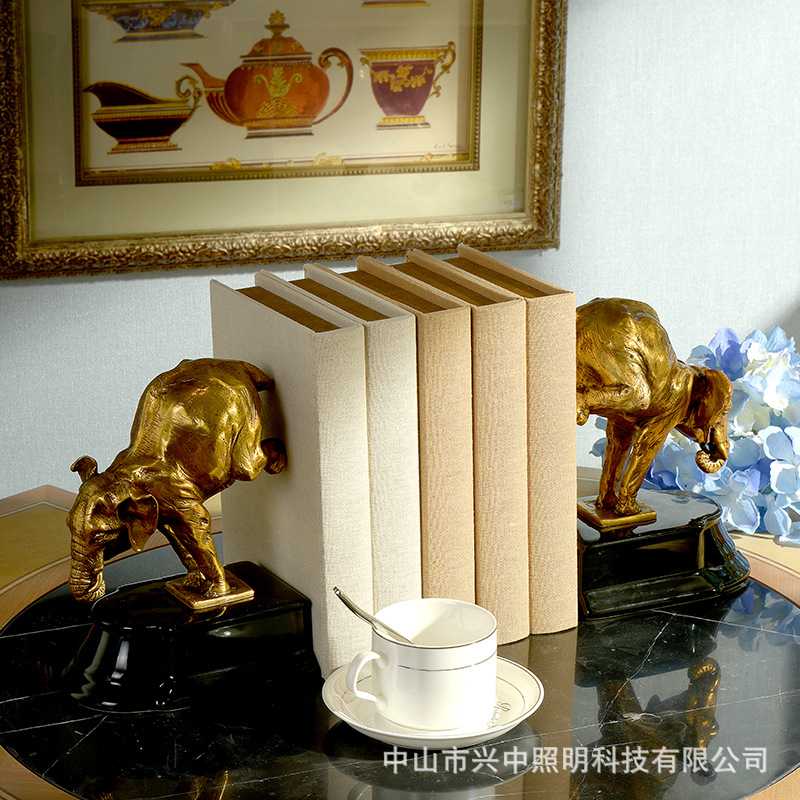 欧式全铜大象书档摆件美式装饰新古典奢华书房软装书靠