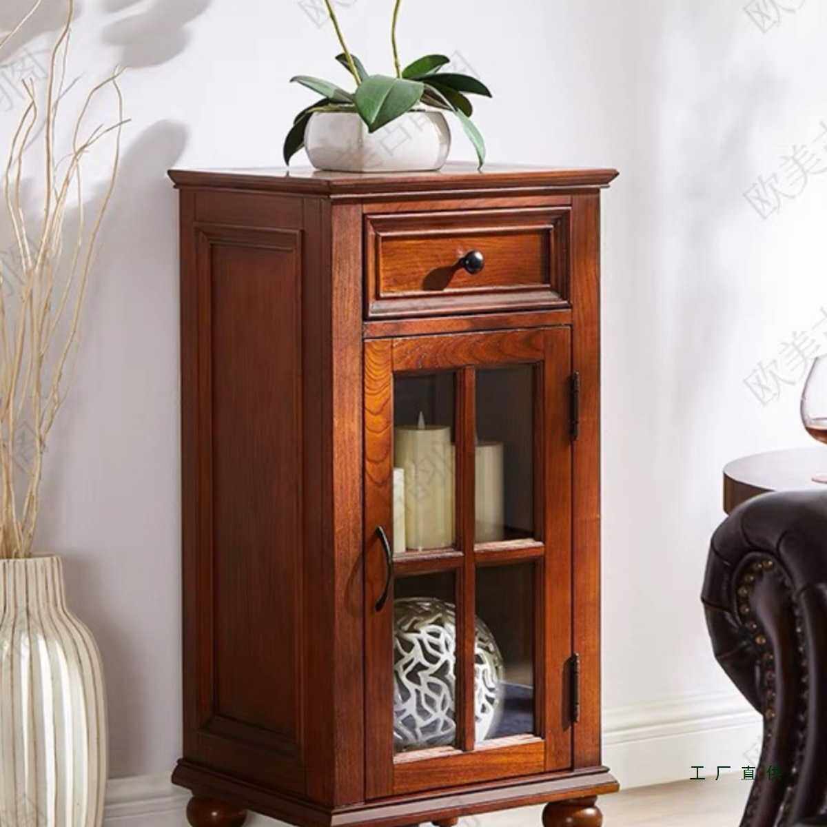 美式小酒柜纯实木玻璃小茶水柜边几复古客厅电视边柜展示柜家用