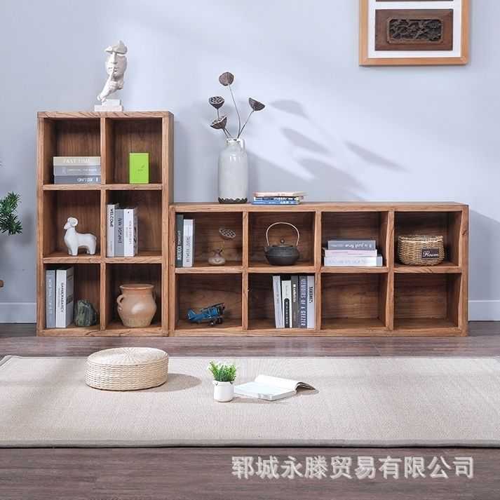 老榆木书架家用组合置物架落地靠墙书柜一体简易矮柜老榆木柜