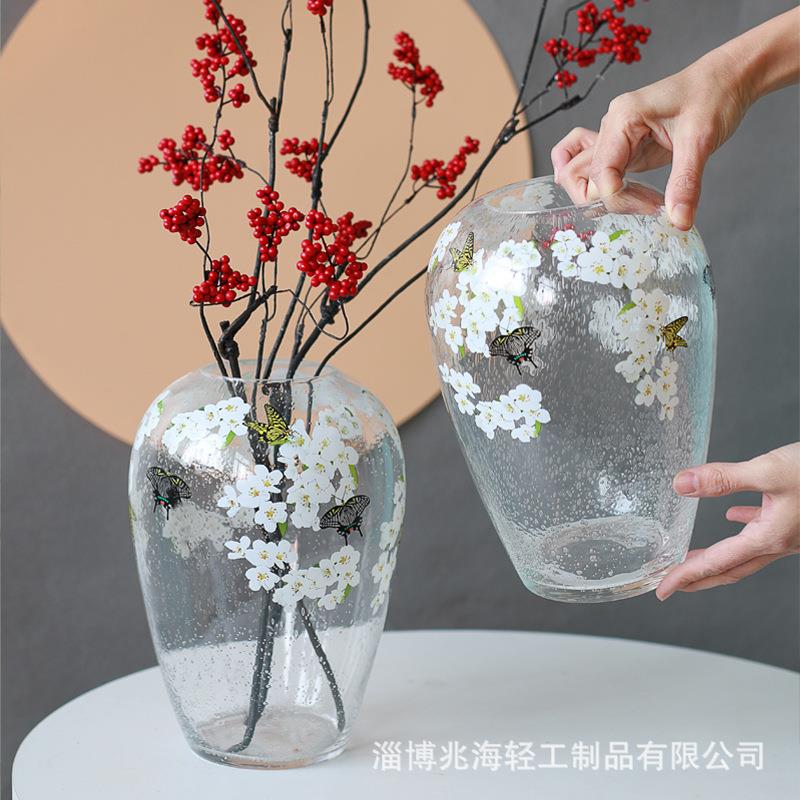 新中式白樱蝶恋花气泡玻璃花瓶玉兰花高级感小众玄关客厅插花摆件