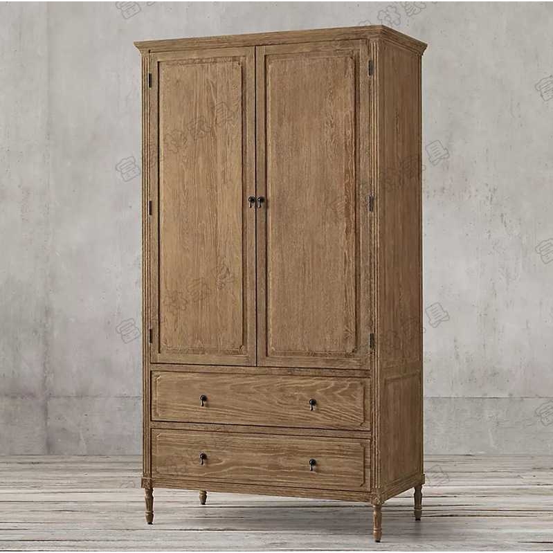 美式乡村仿古橡木雕花双抽实木衣柜欧式简约卧室挂杆衣柜储物柜