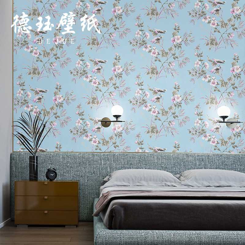 新中式无纺布花鸟田园碎花壁纸北欧客厅卧室电视背景墙纸复古美式