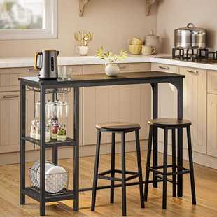 小型酒吧餐桌椅套装2人用带2个储物架和酒杯架的厨房餐桌椅3件套