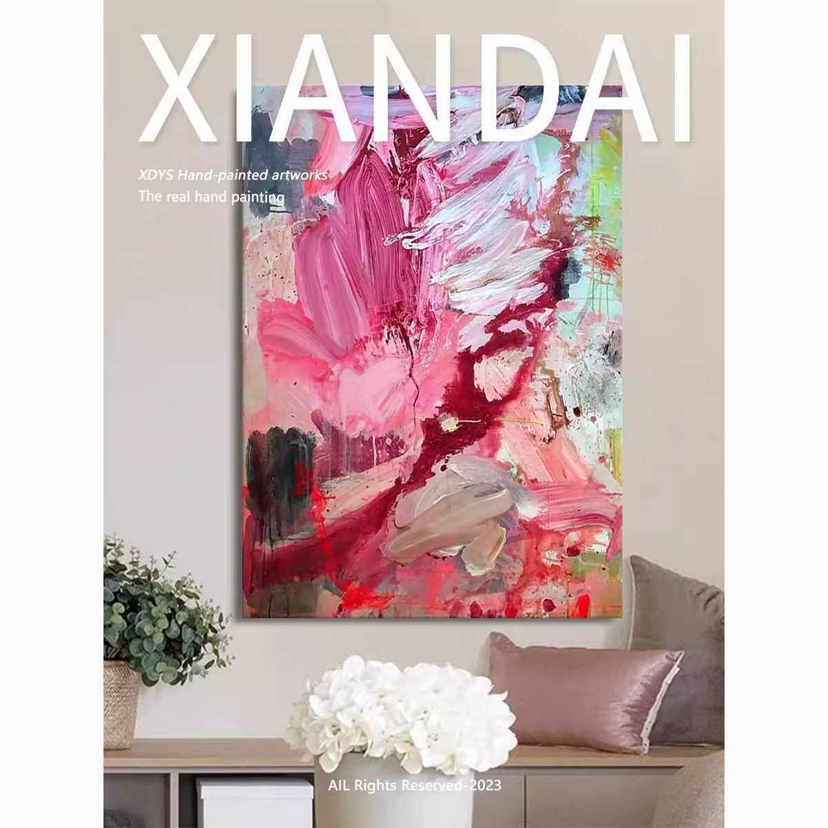 无框画实木内框现代简约抽象挂画客厅大幅装饰画玄关卧室粉色壁画