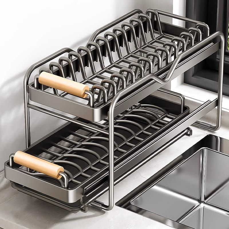 厨房橱柜内置物架抽屉式拉篮台面多功能碗碟收纳架抽拉沥水放碗架
