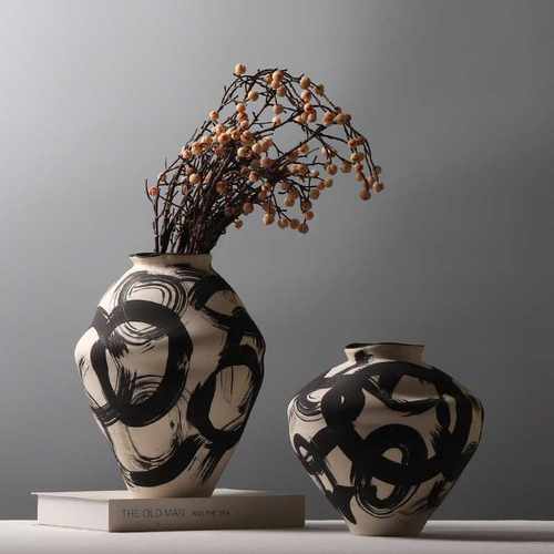 侘寂风复古陶瓷花瓶样板房设计师软装饰品博古架花架创意插花摆件