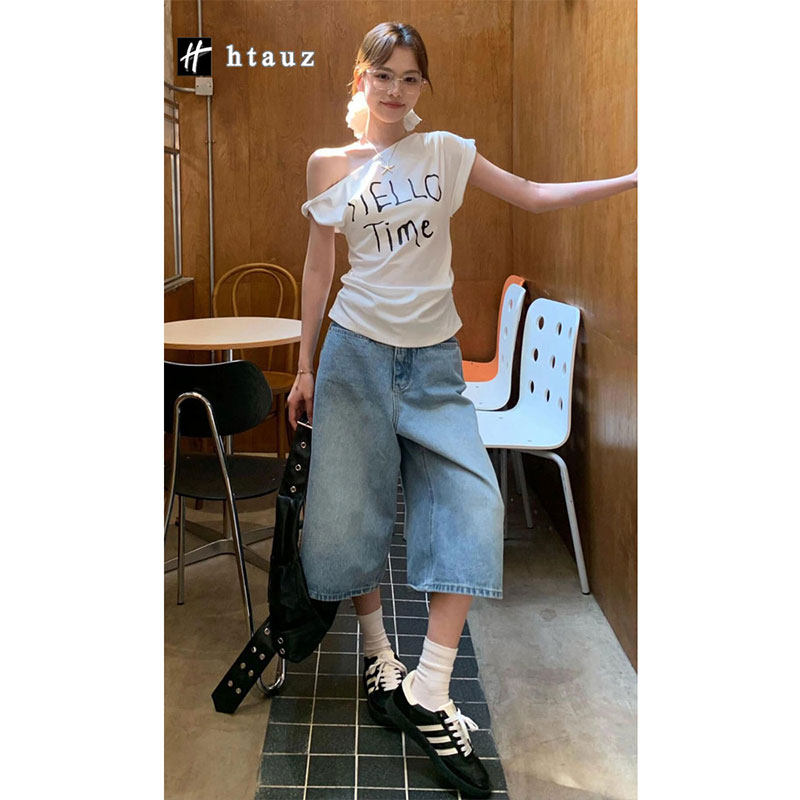 美式复古夏季七分牛仔短裤女2025新款高腰宽松显瘦薄款阔腿中裤潮
