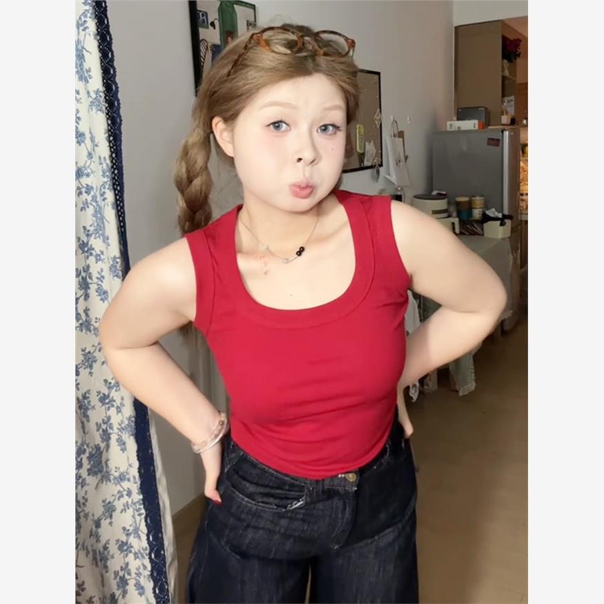 大码红色吊带背心女内搭2025新款夏季遮副乳外穿绝美无袖u领上衣