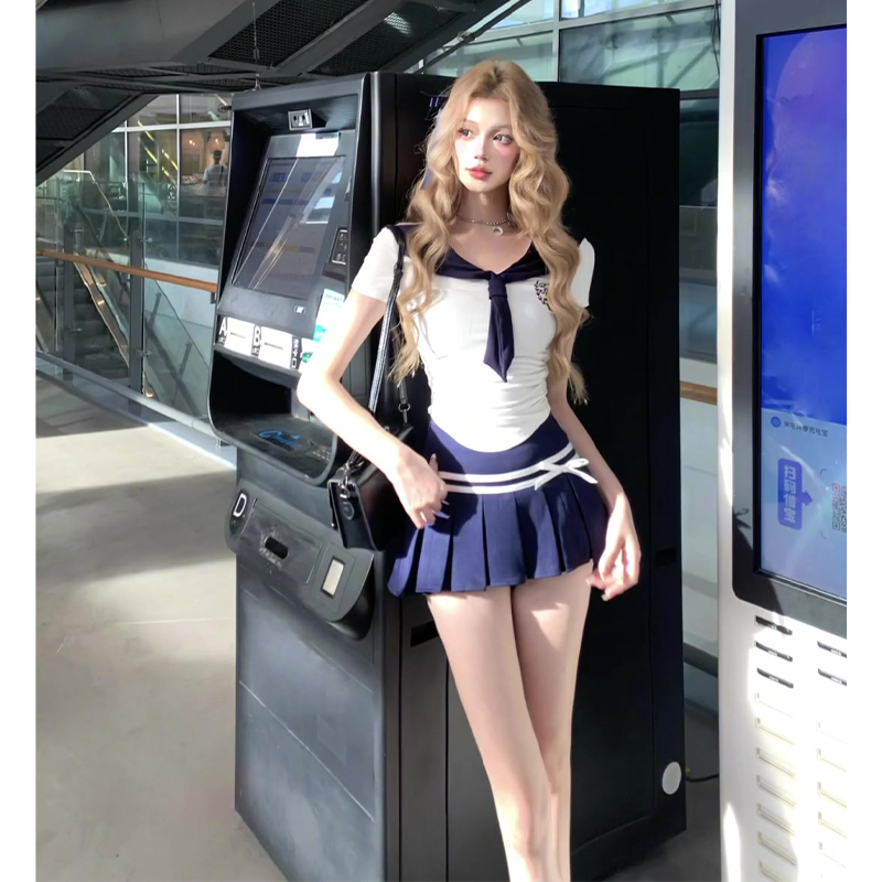 学院风JK制服套装女夏季海军领衬衫上衣性感辣妹百褶裙半身短裙子