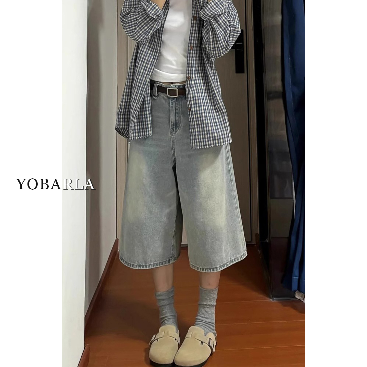 复古浅色直筒牛仔七分裤女高腰夏季新款大码胖mm宽松显瘦阔腿裤子