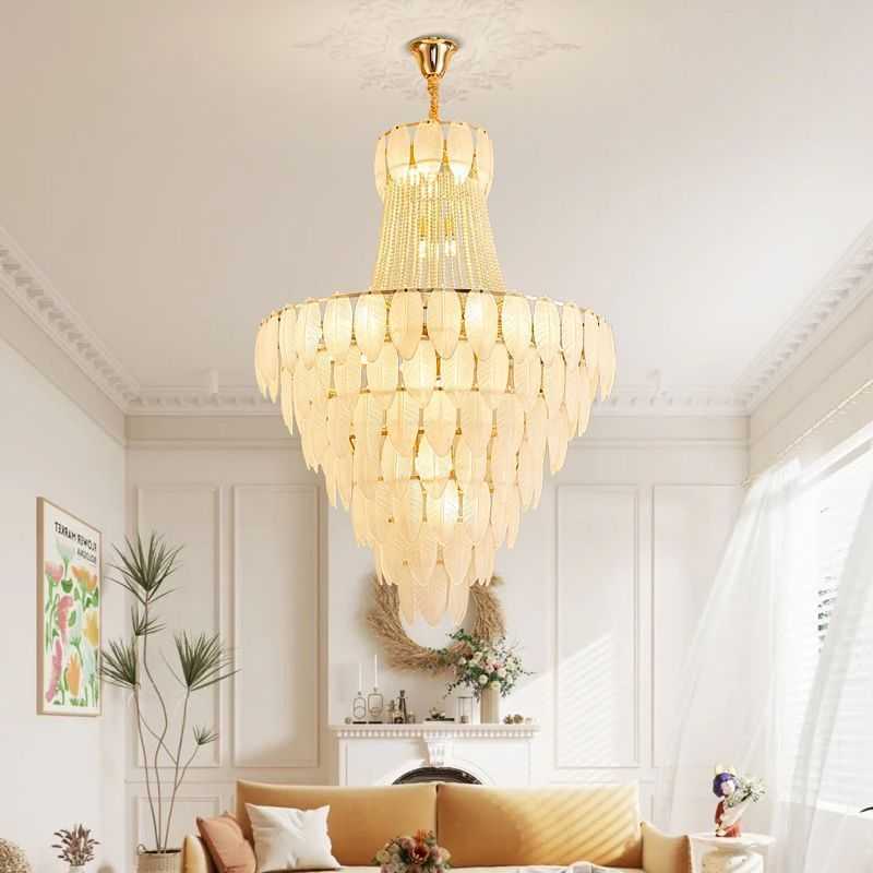 复式楼大吊灯loft中空三层客厅法式简约铁艺房间轻奢羽毛水晶吊灯