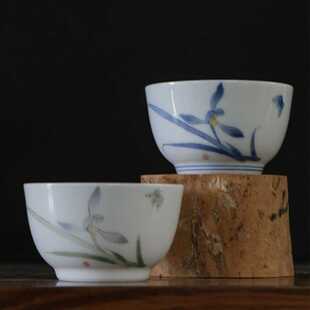 陶瓷主人杯套装白瓷茶杯釉上手绘山水兰花品茗杯家用茶具茶碗套装