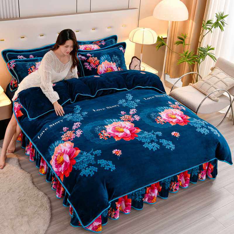 新款230克8.5斤加厚高克重牛奶绒金貂绒法莱绒四件套 冬季床裙