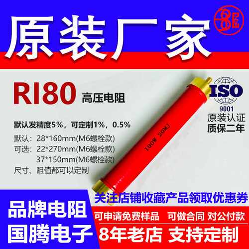 RI80玻璃釉大红袍铜脚高频无感高压电阻100W35M36M39M40M45M兆欧