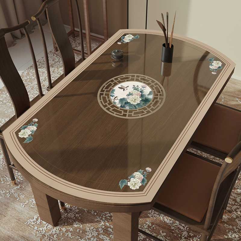 PVC透明软玻璃弧形台圆桌折叠桌布防水防油免洗椭圆形餐桌垫中式