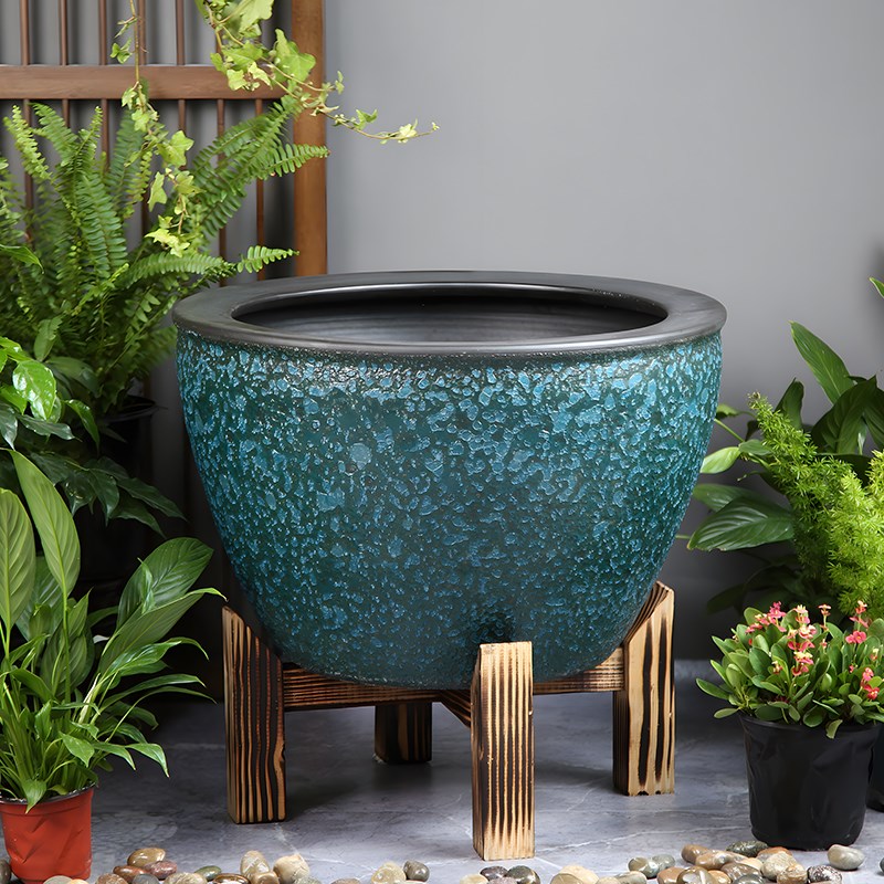 陶瓷鱼缸实木底座鱼缸装饰品十字木架圆形古O法鱼缸支架陶瓷缸专