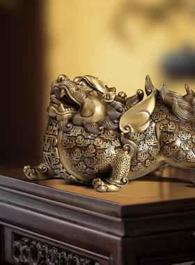 黄铜貔貅摆件公母l一对纯铜皮丘貔犰家居客厅办公室装饰开业礼物