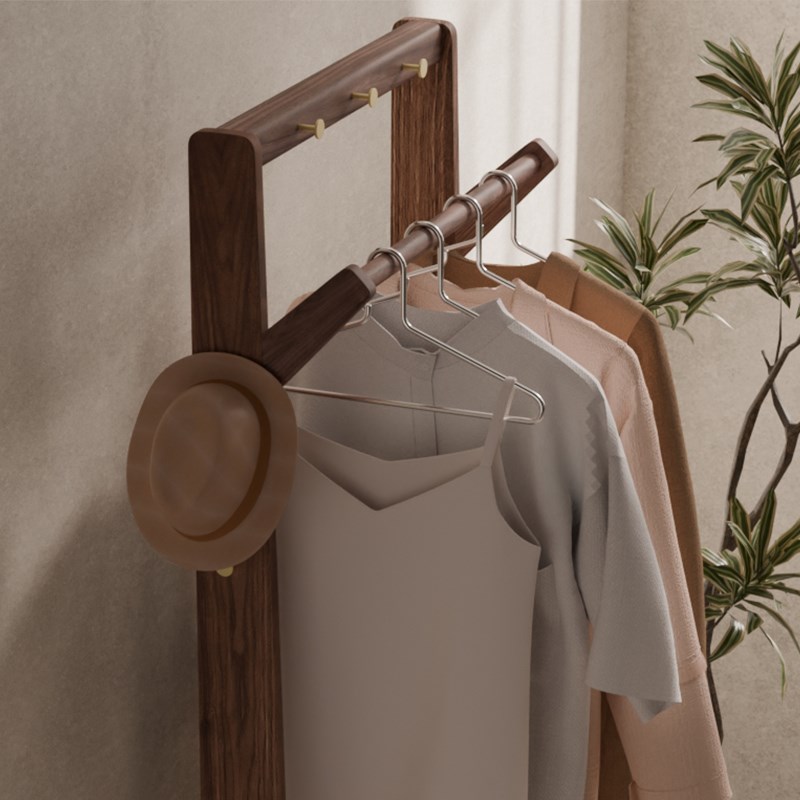 黑胡桃木挂c衣架无辅料全实木衣帽架落地卧室衣架可移动收纳置物