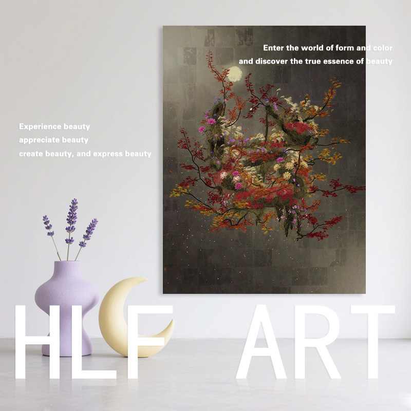 HLF.手绘大芬村油画《月夜繁花》肌理感抽象挂画客厅玄关装饰画