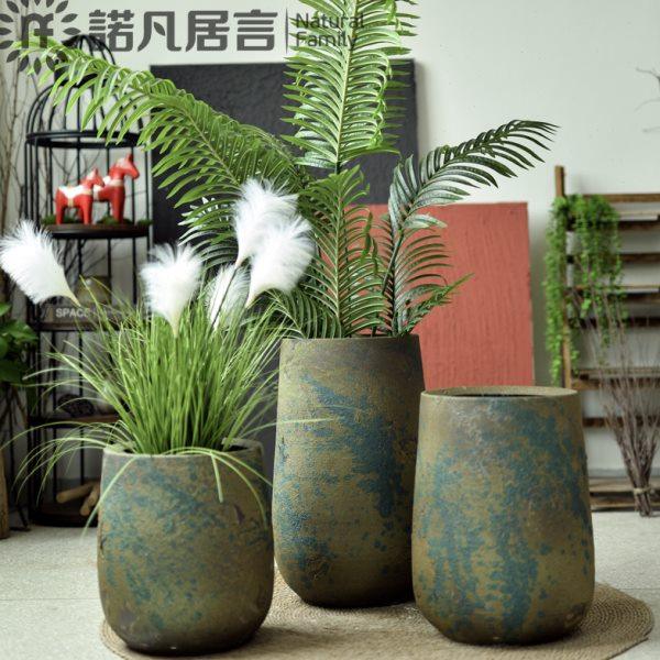 北欧陶瓷花盆复古客厅装饰侘寂大口径带托盘摆件风阳台花园绿植盆