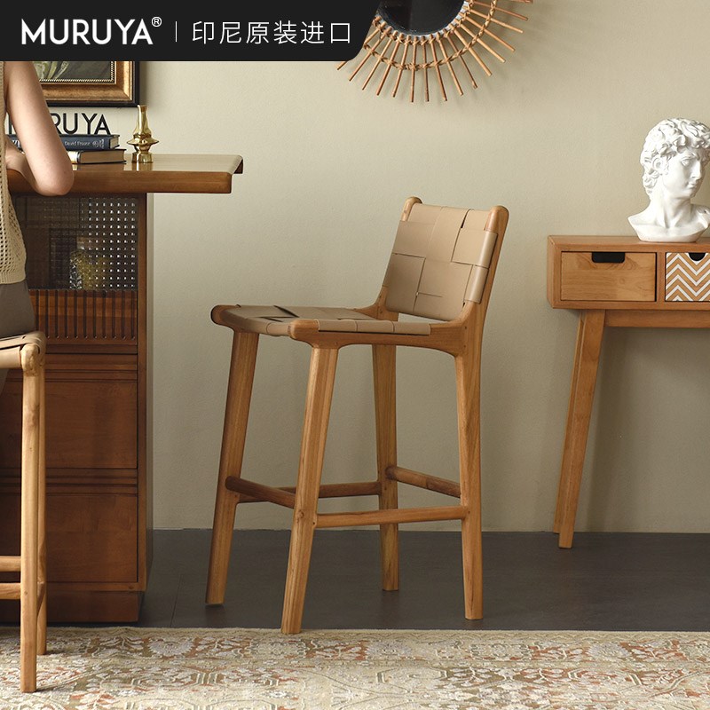 进口实木吧台椅奶油风牛皮凳家用高脚椅民N宿酒店北欧商用岛台椅