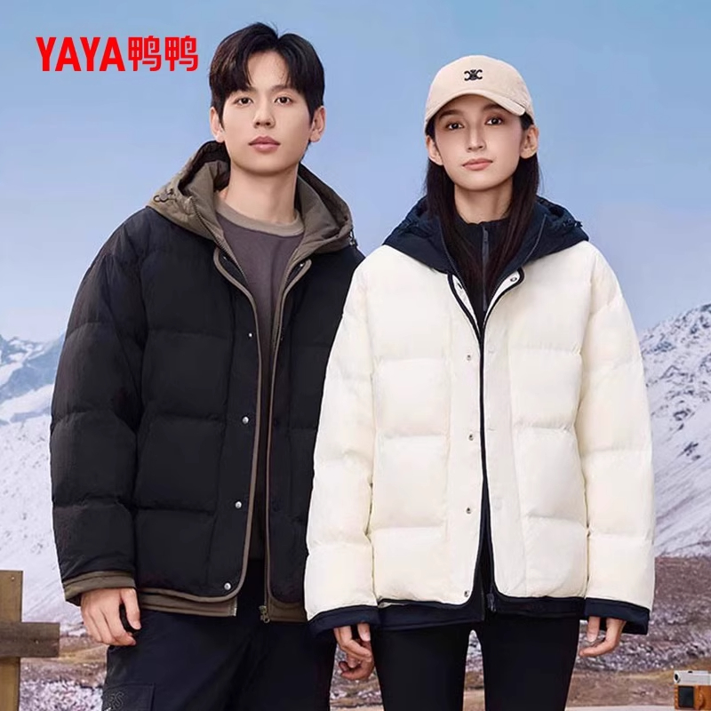 鸭鸭情侣羽绒服短款2025冬季新款男女同款假两件户外防寒保温外套