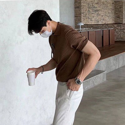 Summer Mens Retro Knitting Lapel Stripe  Shirt Solid Color