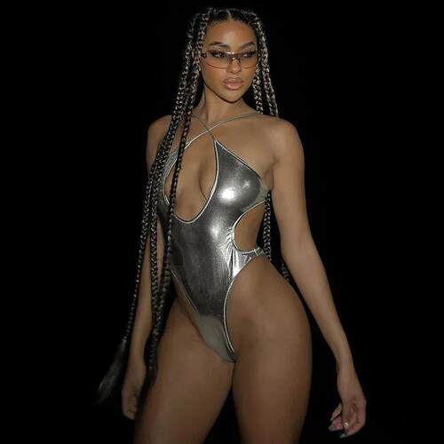 Womens Metallic Swimsuit Shiny Bikini Cross Halter Hollow Ou