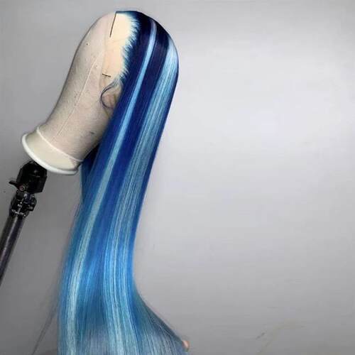 Long Soft  Straight  Blue Highlight  Wigs For Women  Water W