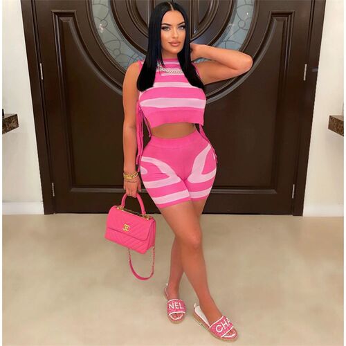 Color Patchwork Knitted Two Piece Set Women O Neck Sleeveles