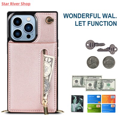 Card Holder Leather Zipper Crossbody Lanyard Square Phone Ca