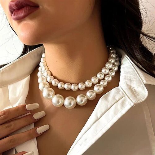2Pcs/Set Exaggerated Big Imitation Pearl Clavicle Chain Neck
