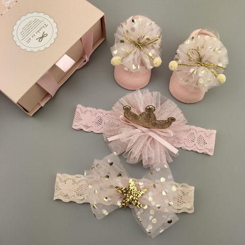 3Pcs/Set Lace Flower Baby Girl Headband Socks Set Crown Bows