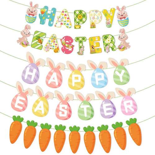Happy Easter Banner Colorful Bunny Easter Eggs Carrot Banner