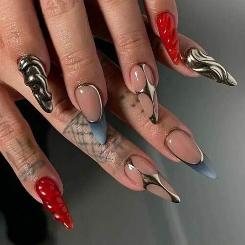 24Pcs French Almond False Nails Glitter with Rhinestones Wea