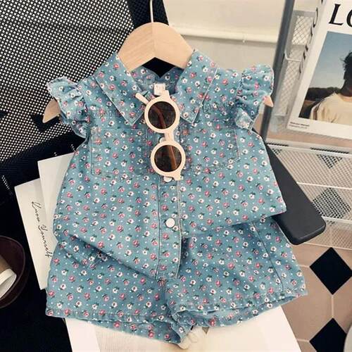 2023 summer girls Floral Printing denim  suits baby girl fas
