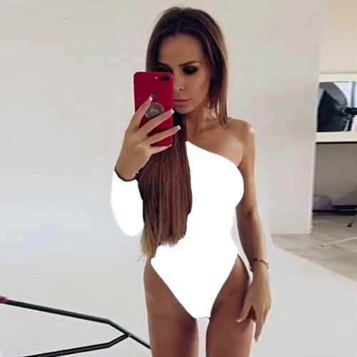 Black One Shoulder Basic Bodysuit Rib Knit Elegant Women Sex