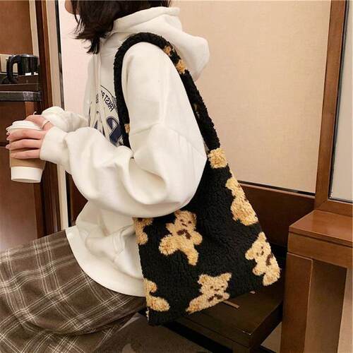 Women Lamb Like Fabric Shoulder Tote Bag  Fluffy Fur Bear Ha