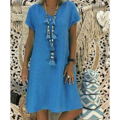 Women Summer Dress 2023 Boho Cotton Linen Short Sleeve V-Nec