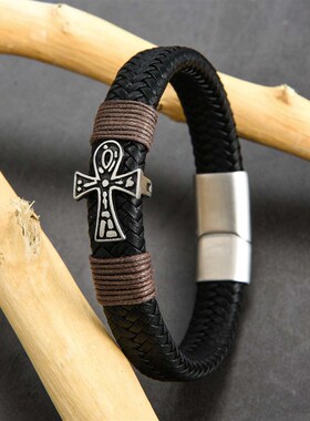 Braided Leather Brlet New Ancient Egypt Cross Stainless Stee
