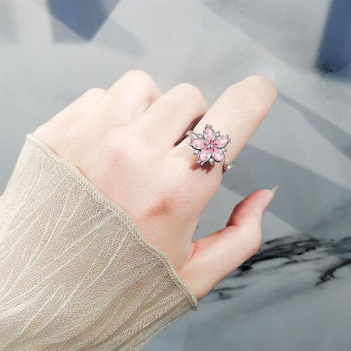 Rotating Ring Women Cherry Blossom Pink Zircon Flower Stress