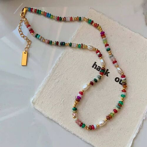 Fashion Colorful Beads Stone Natural Freshwater Pearl Neckla
