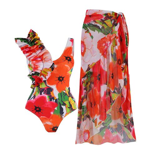 2024 Floral Print Shoulder Ruffle One Piece Swimsuit With ve
