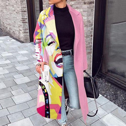Women Oversize Printed Midi Overcoat Long Sleeve Lapel Colla