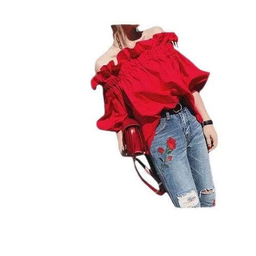 Plus Size Womens Summer Red Ruffle Edge One-Shoulder Shirt