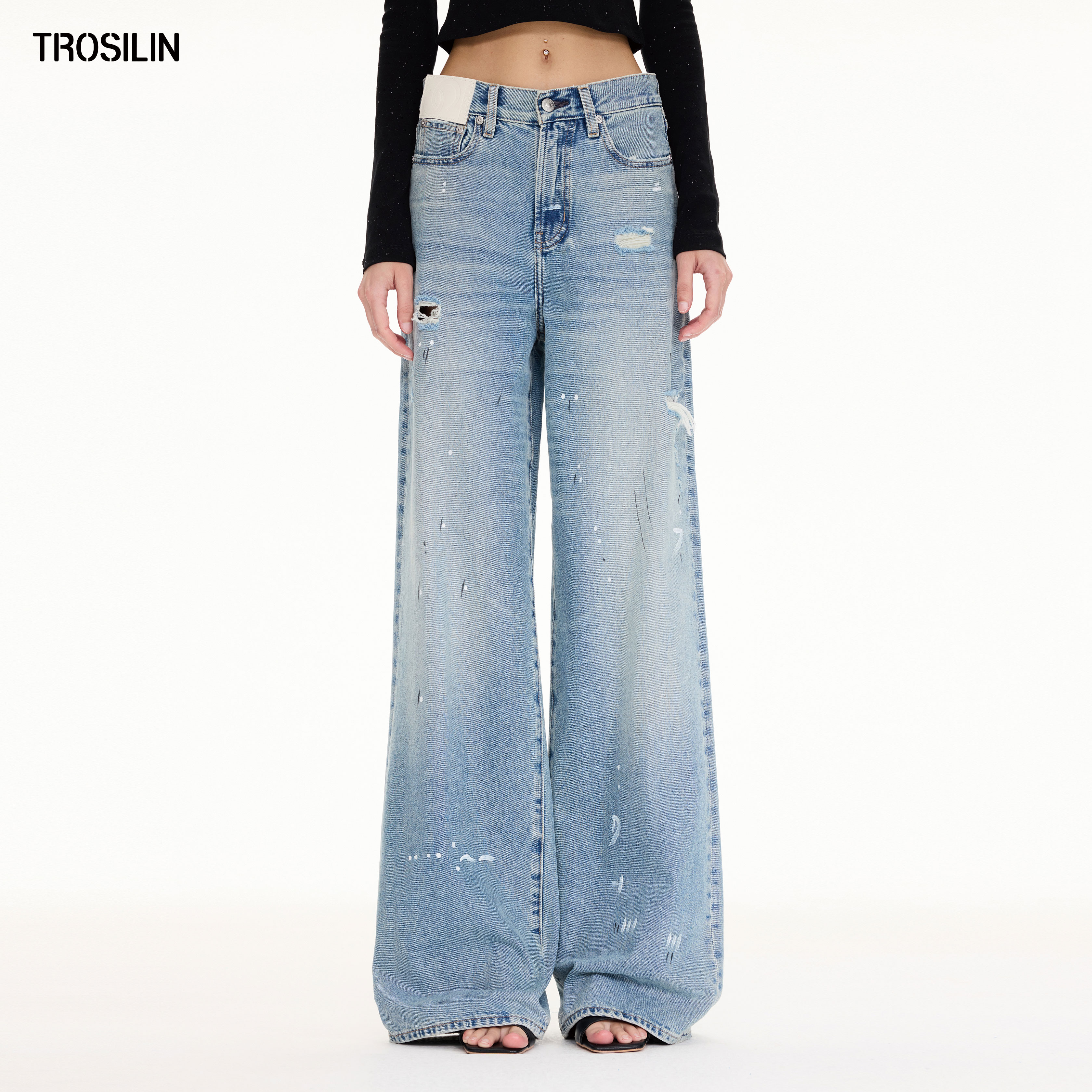 25早秋泼墨涂鸦怀旧阔腿牛仔裤