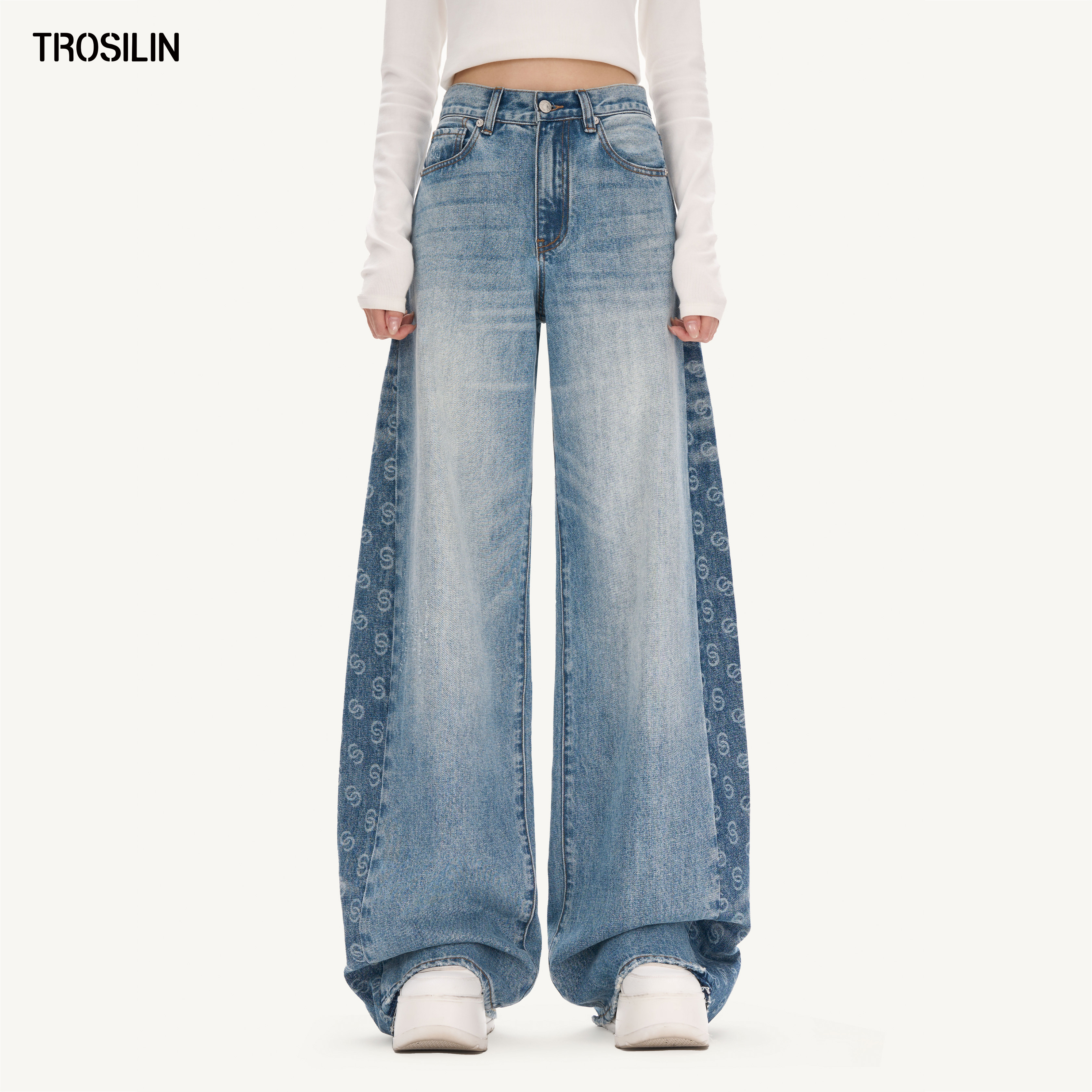 撞色拼接logo阔腿休闲洗水牛仔裤