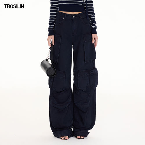 25早秋牛仔裤高腰工装风弯刀裤