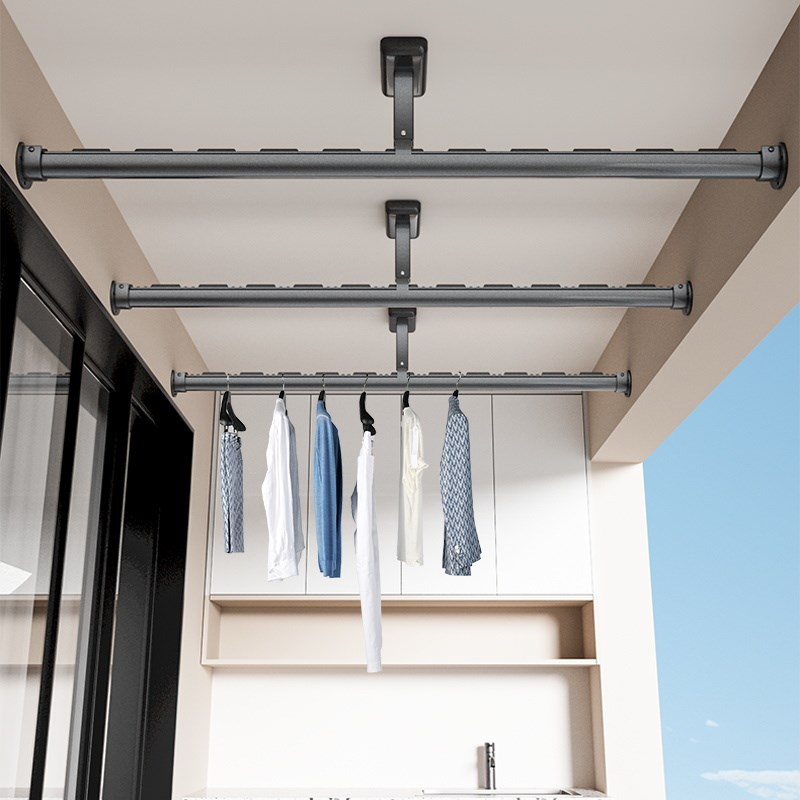 横向挂衣杆家用阳k台固定式铝合金一根叉丫侧装晾衣杆架防风固定