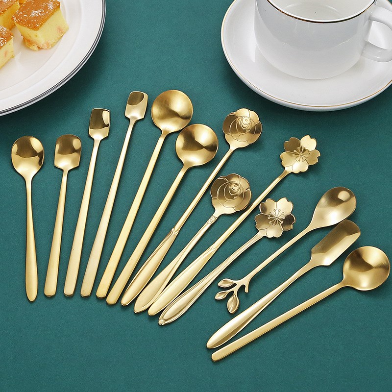 不锈钢小勺子金色花朵勺小圆勺方头咖啡搅拌勺甜品勺创意赠礼品勺
